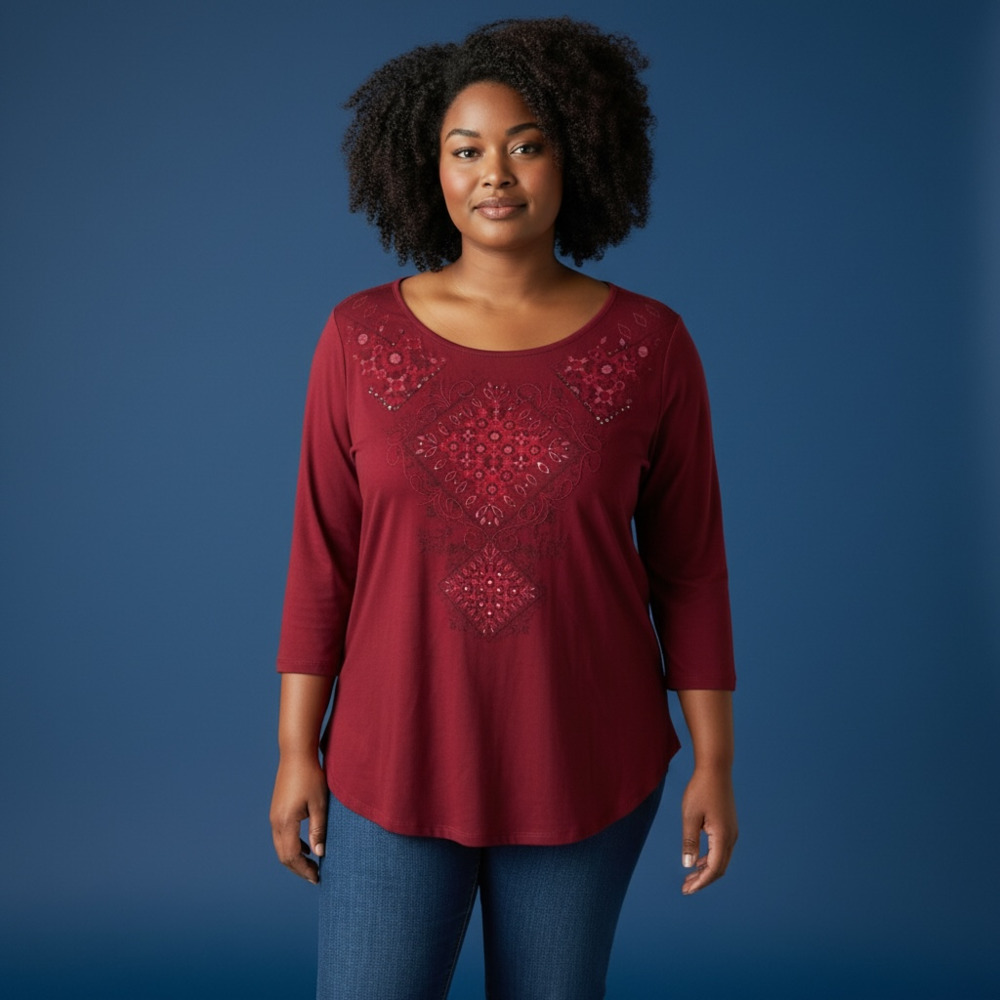 Laura Scott Women's Burgundy 3/4 Sleeve Top with Embroidered Sequined Front